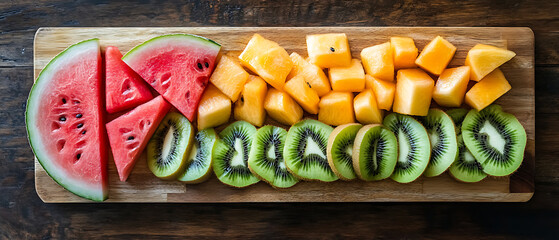Assorted Fresh Fruits Arranged on a Wooden Cutting Board