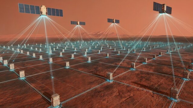 Martian data relay grid with surface transmitter towers and orbit-based signal triangulation