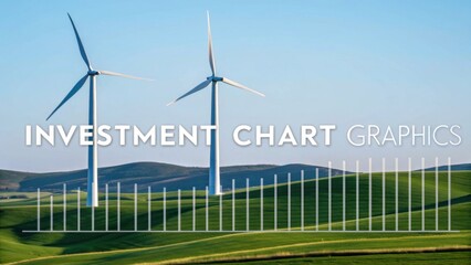 Wind turbines stand on rolling green hills under a clear blue sky with an investment chart graphic overlay.