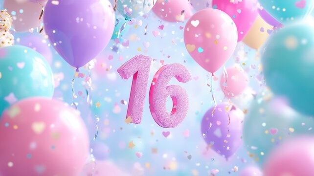 Pastel balloons, glittering jubilation swirling around pink sixteen numeral, celebrating birthday confetti