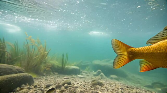 Golden tench fish glides gracefully through clear water, fins gently undulating as sunlight filters through the surface above