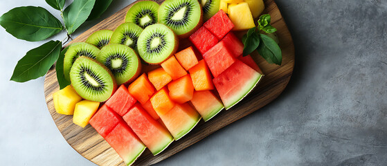 Assorted Fresh Fruits Arranged on a Wooden Cutting Board