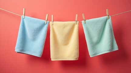 Three fluffy towels hanging on a clothesline laundry