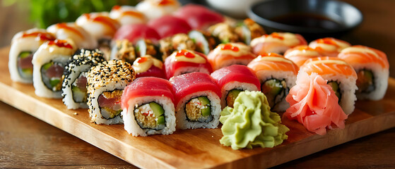 Assorted Sushi Platter with Wasabi and Ginger on Wooden Board