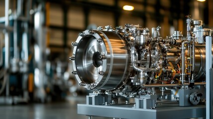 Fototapeta premium An intricate close-up of a sleek industrial engine highlights advanced machinery and engineering, symbolizing innovation, technology, and progress in modern industries.