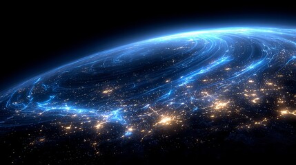 Fototapeta premium In this sci-fi scene, a sophisticated space station is orbiting a stunning blue planet that emits a bright glow