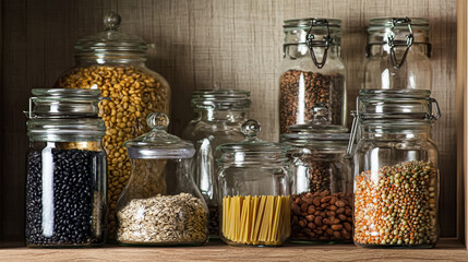 kitchenware, glass jars with beans, pasta and grains on metal green shelf at cabinet. storage food concept and order at kitchen.