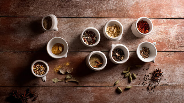 A set of spices on a gray background. Variety of spices from India. Food decoration design. Various spices, peppers and herbs close-up top view. Set of peppers, salt, herbs and spices for cooking