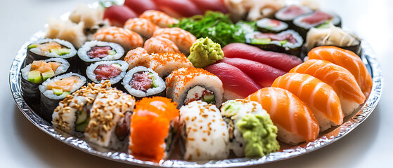 Assorted Sushi Platter with Salmon, Tuna, and Vegetable Rolls