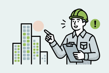 Construction worker with clipboard pointing at buildings in a city illustration style image