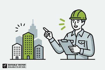Construction worker with clipboard pointing at buildings in a city illustration style image