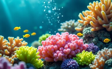 Vibrant coral reef with small yellow fish swimming