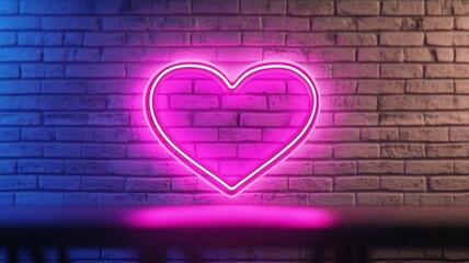 Luminous pink neon heart pulsing against weathered brick background, urban passionate embodying romance