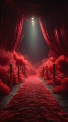 Red carpet entrance illuminated by soft light with dramatic clouds surrounding the path in an elegant venue