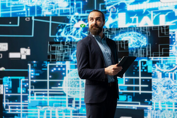 Young entrepreneur interacting with a digital AI brain symbolizing platforms, using deep learning...
