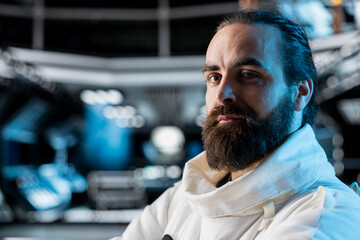 Portrait of cosmonaut in spacecraft powered by advanced engineering prepares for planetary mission outside. Man in orbital station navigating orbital trajectory, beginning landing procedures on planet