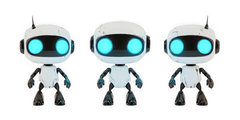 Three robots standing together on transparent background