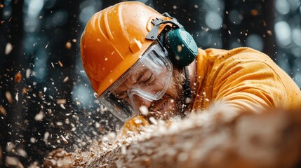 A focused carpenter wearing safety gear, actively working on wood in a forest setting, showcasing craftsmanship and dedication to the art of woodworking in nature.