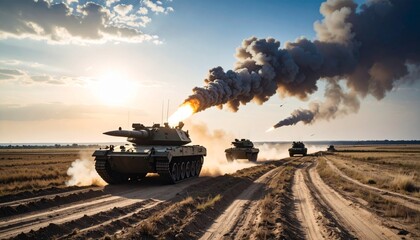 Military Tanks Firing in Desert Landscape Powerful Imagery of Modern Warfare