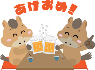 馬たちの乾杯！新年会・宴会を楽しむイラスト（午年）