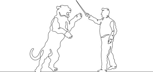 Continuous one line drawing animal trainer. Circus. Tiger training. Animals in the circus. Animal tamer.One continuous line isolated minimal illustration.Not AI.
