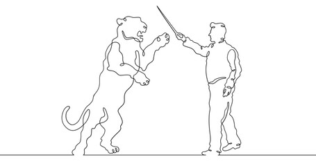 Continuous one line drawing animal trainer. Circus. Tiger training. Animals in the circus. Animal tamer.One continuous line isolated minimal illustration.Not AI.