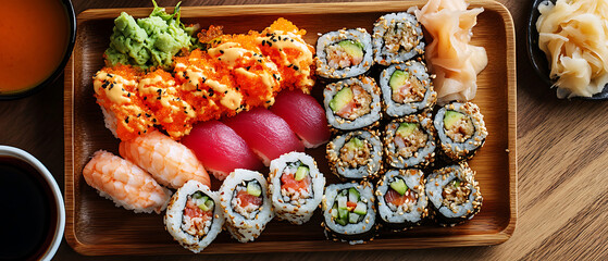 Assorted Sushi Platter with Nigiri, Maki Rolls, and Garnishes