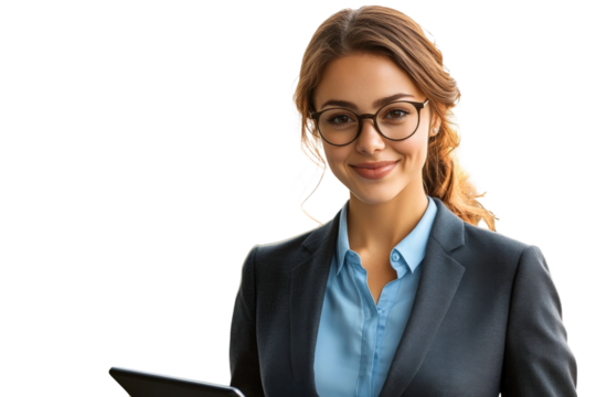 Confident businesswoman in formal attire with glasses holding a tablet, smiling warmly, isolated on a white background for professional usage