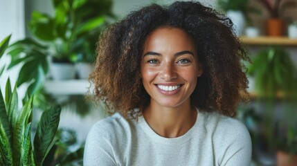 Fototapeta premium A cheerful woman with curly hair smiles brightly, surrounded by vibrant green plants, embodying a sense of joy and connection to nature in a warm, inviting indoor setting.