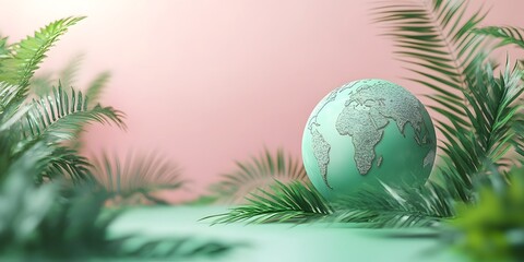 Green Planet Globe Surrounded by Lush Tropical Leaves