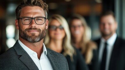 This image captures a confident businessman in a smart suit, smiling while standing in focus, with blurred colleagues behind him, representing leadership and professionalism.