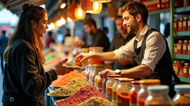 A multicultural food market stall overflowing with exotic condiments, jars of harissa, gochujang, and za'atar catching the light,.
