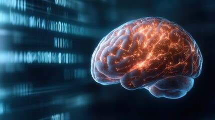 An artistic representation of a glowing brain intertwined with binary code, symbolizing the fusion of human intelligence and technology in a digital age.