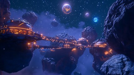 Celestial Haven: A Futuristic Space Station nestled among Asteroids
