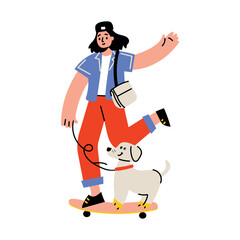 A flat style illustration showing a character skating with his dog 
