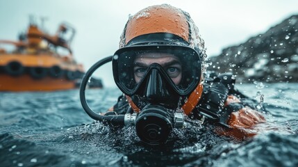 An adventurous underwater scene featuring a diver in bright orange gear, capturing the thrill of exploration and the beauty of ocean environments.