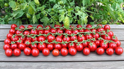 Rustic wooden floor with bright red tomatoes carefully placed to replicate the outline of Spain in a neat arrangement