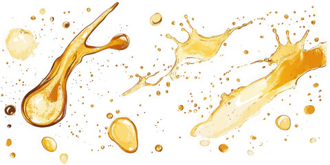 Golden liquid splash and drops on transparent background