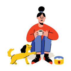A flat style illustration showing a character having a pet dog 
