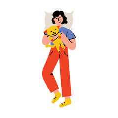 A flat style illustration showing a character sleeping with her pet 

