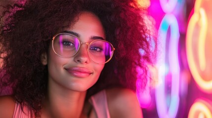Fototapeta premium A young woman with beautiful curly hair and stylish glasses smiles at the camera, illuminated by bright neon lights in a vibrant urban setting, capturing joy and confidence.