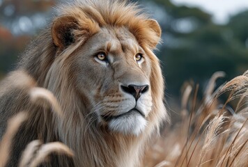 Obraz premium a lion in the savannah grasslands of Africa, with golden hour lighting