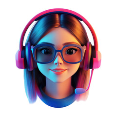 Cute Cartoon Gamer Girl Portrait with Headset and Glasses Streaming Avatar on transparent background