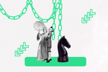 Sketch design trend poster photo collage of couple retro style outfit man hold lady convict trapped...
