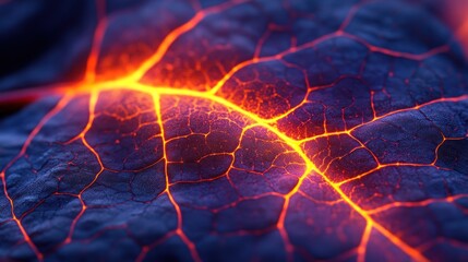 Close-up of a leaf vein system glowing with hot magma
