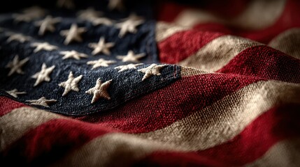 Close view of an American flag showcasing vibrant colors and intricate details in fabric during a patriotic celebration