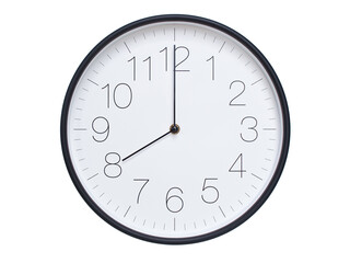 Simple wall clock with black frame and white face displaying 08:00 or 20:00. Ideal for time,...