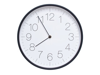 Simple wall clock with black frame and white face displaying 07:55 or 19:55. Ideal for time,...