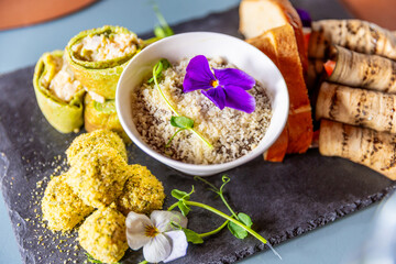 Exquisite Culinary Delight Featuring Vibrant Dishes and Fresh Ingredients in a Beautifully Arranged Platter at a Local Bistro During Lunchtime