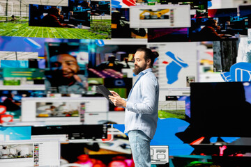 Content creator connecting with a global social media audience through mobile technology, using...